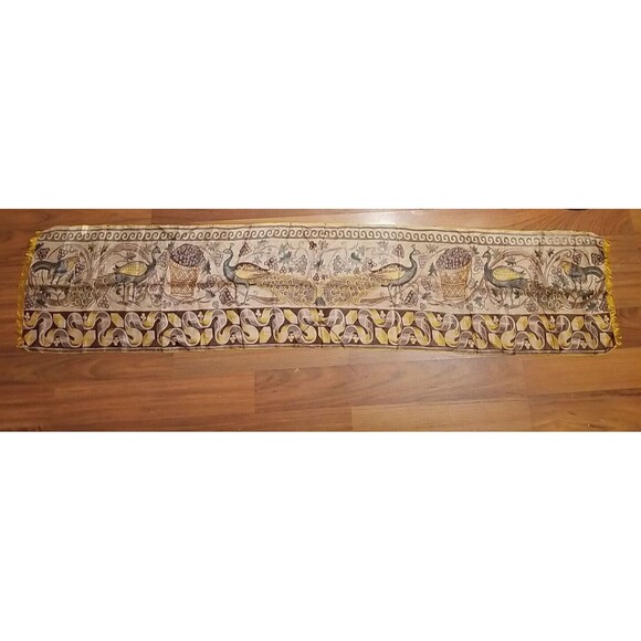 Pure silk scarf rolled edges Peacock Design rectangle 64" x 13.25"       H1 - Picture 4 of 8